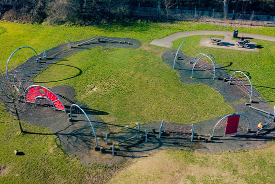 Bird's eye view of a playground trail play system 